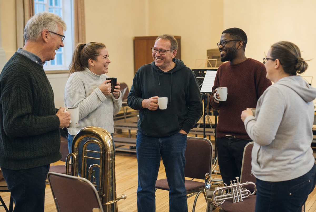 Band members of different ages chat over mugs of tea during a rehearsal break, instruments resting on the chairs behind them.