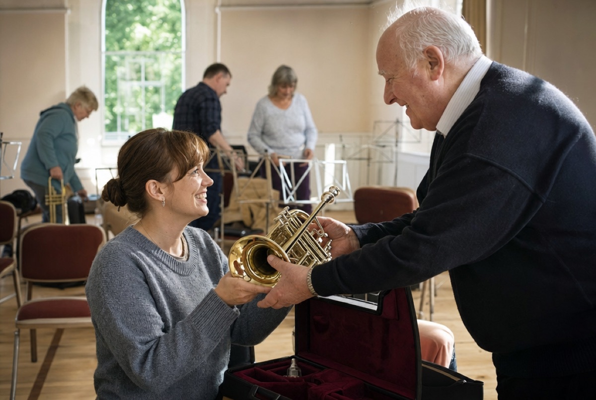 A new adult player is handed a cornet from its case by a tutor in the church hall as others set up chairs and stands.