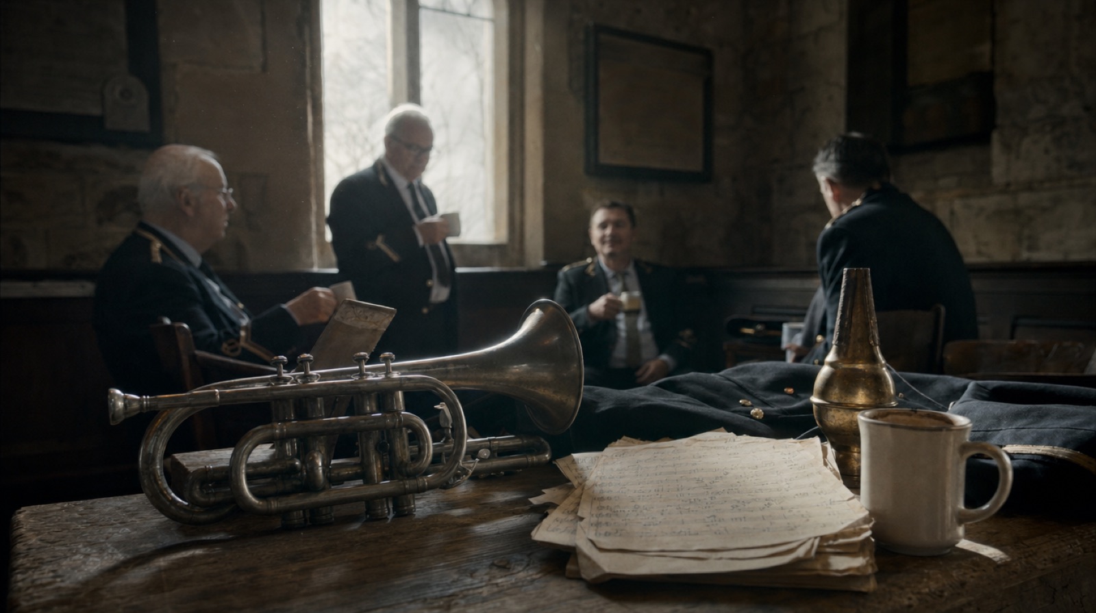 A well-worn cornet, a folded band jacket and old manuscript sheet music on an oak table under the grey light of a chapel window.